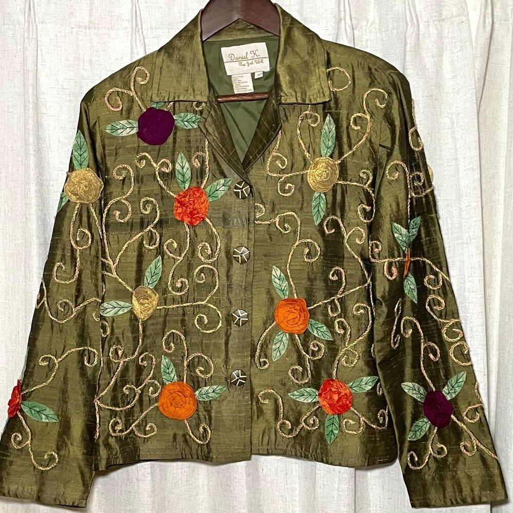 Vintage Daniel K Olive Silk Blend Floral Applique Art to Wear Jacket M